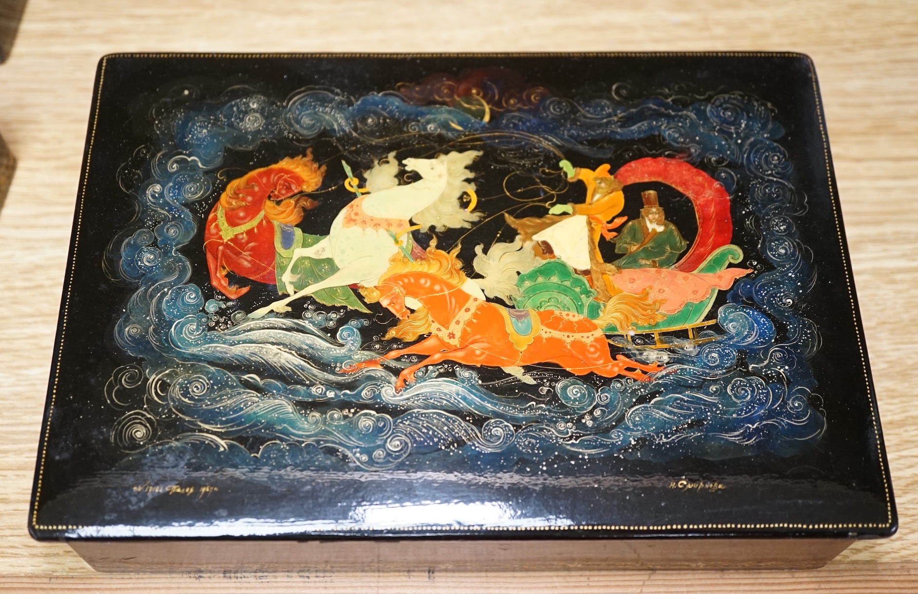 Five Russian lacquer boxes, largest 21cm x 14cm. Condition - some scratches and minor marks